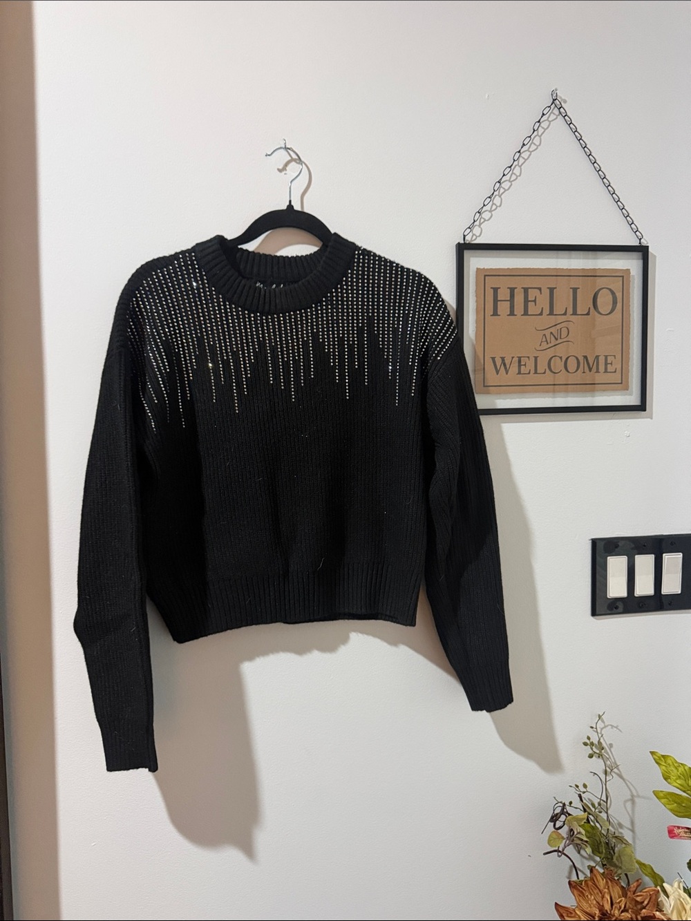 MARBLE Black Crewneck Sweater with Rhinestone Yoke